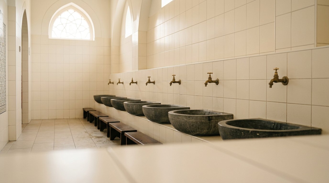 Schone wasruimte met wasbakken voor wudu in een Nederlandse moskee